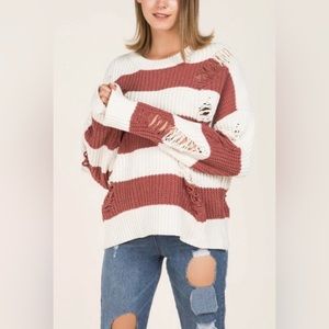 Pol Distressed Cream & Rust Colored Striped Sweater Very Good Used Condition (S)